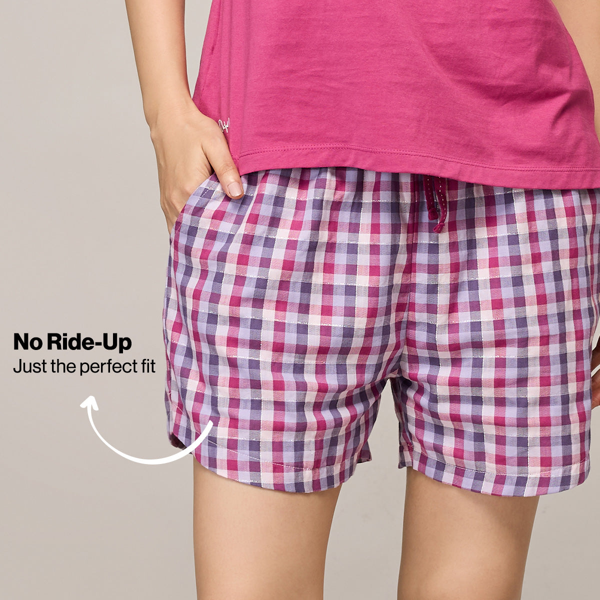 Nykd By Nykaa Essential Cotton Shorts With Pockets & Adjustable Waist Nys914 Grape Check
