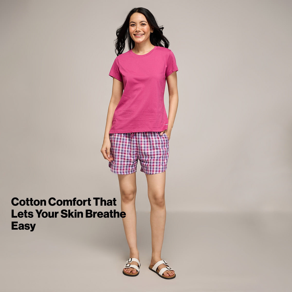 Nykd By Nykaa Essential Cotton Shorts With Pockets & Adjustable Waist Nys914 Grape Check