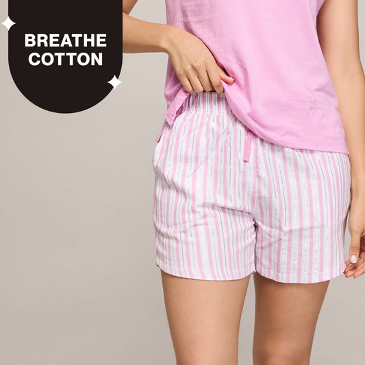Nykd By Nykaa Essential Cotton Shorts With Pockets & Adjustable Waist Nys914 Pink Lurex Stripe