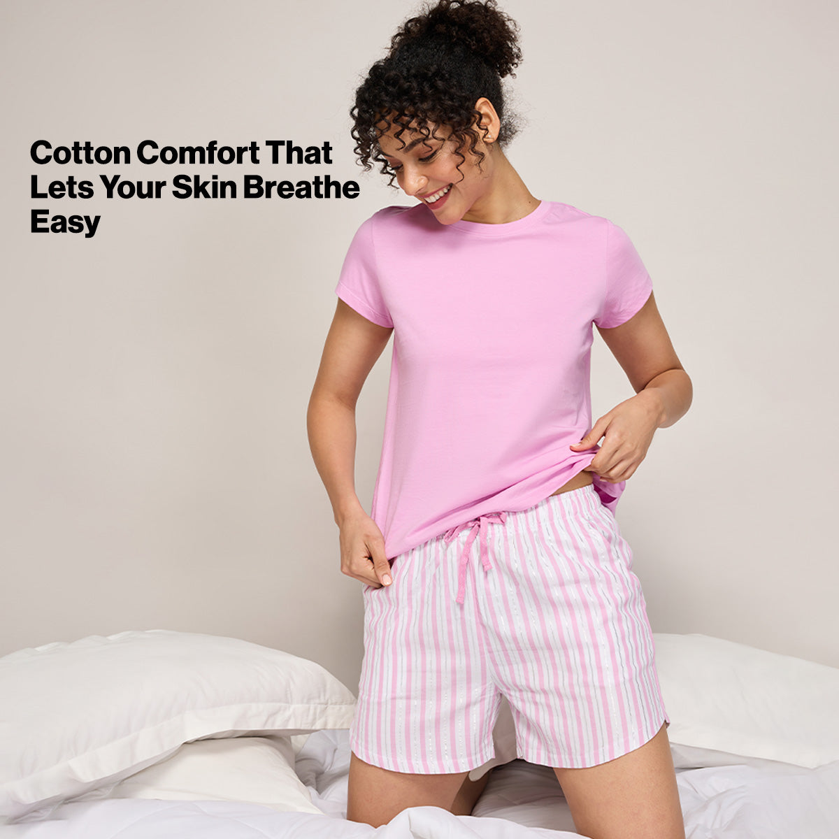Nykd By Nykaa Essential Cotton Shorts With Pockets & Adjustable Waist Nys914 Pink Lurex Stripe