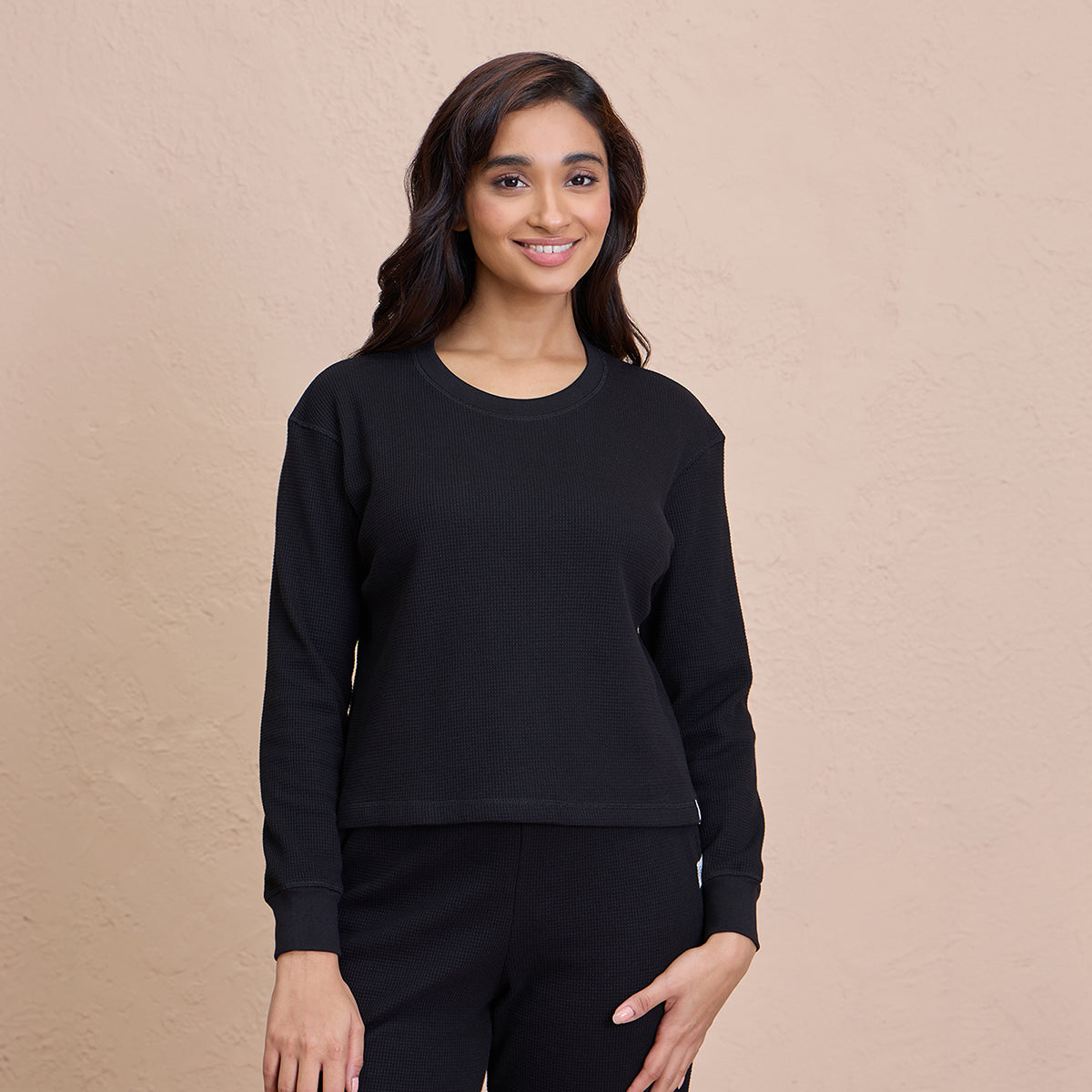 Waffle Lounge Crop Top in Full Sleeves - NYS915 - Black