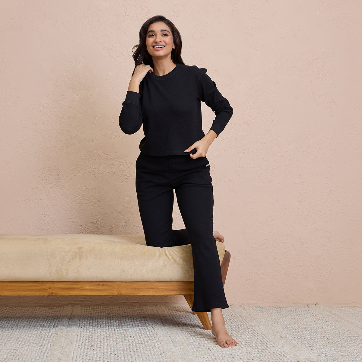 Waffle Lounge Crop Top in Full Sleeves-NYS915-Black