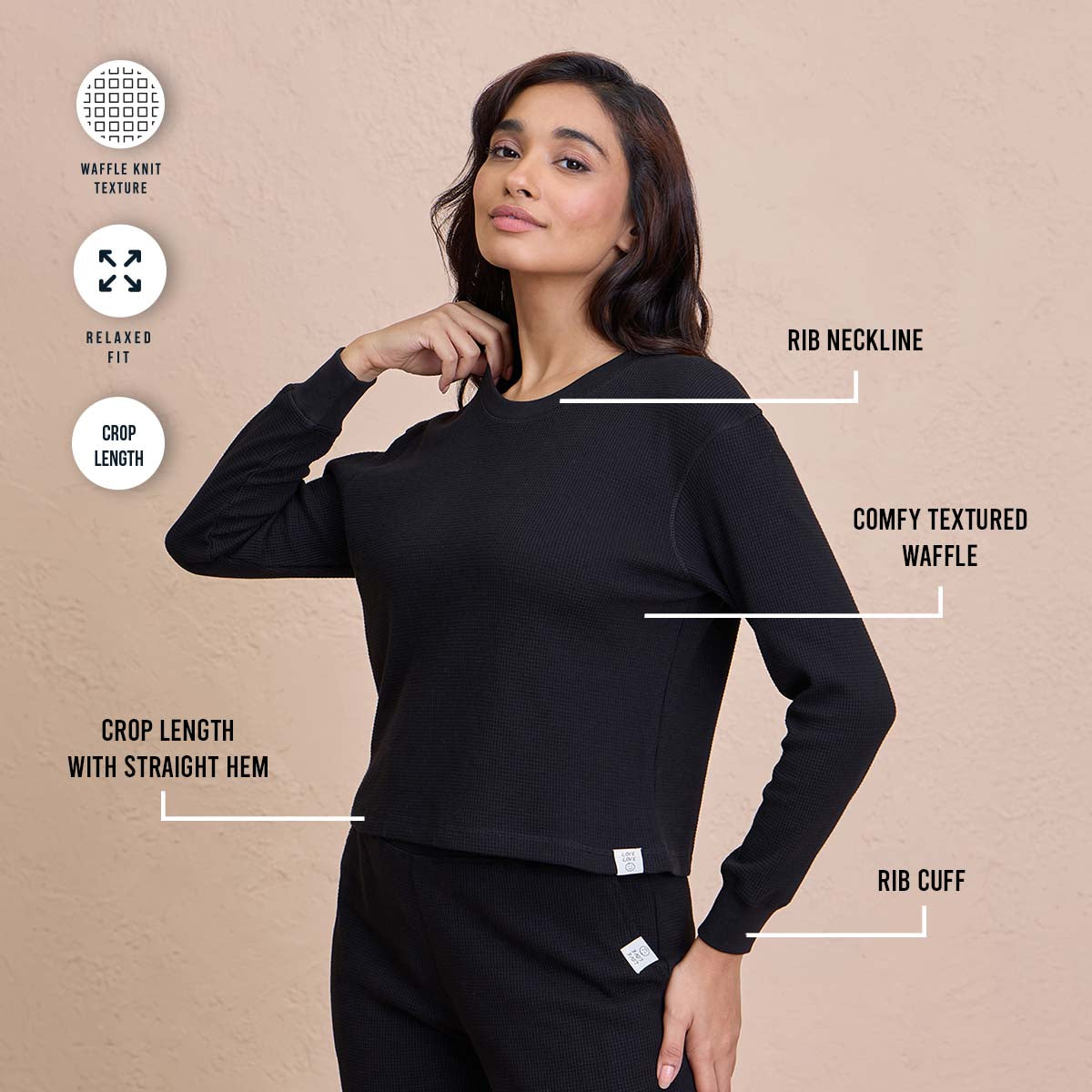 Waffle Lounge Crop Top in Full Sleeves-NYS915-Black