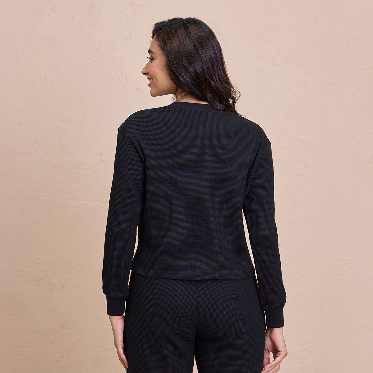 Waffle Lounge Crop Top in Full Sleeves-NYS915-Black