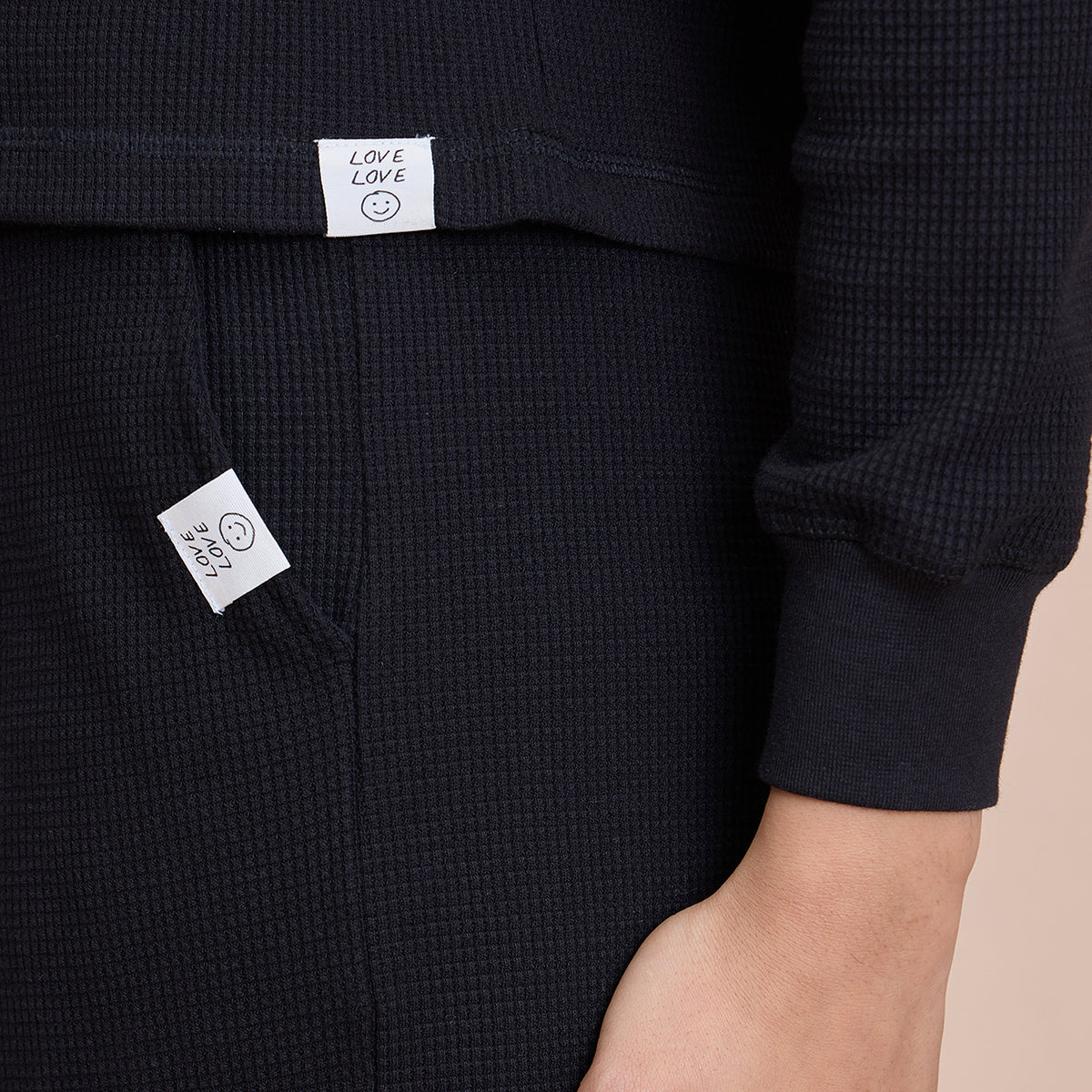 Waffle Lounge Crop Top in Full Sleeves-NYS915-Black