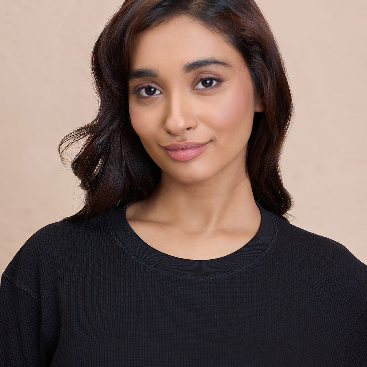 Waffle Lounge Crop Top in Full Sleeves-NYS915-Black