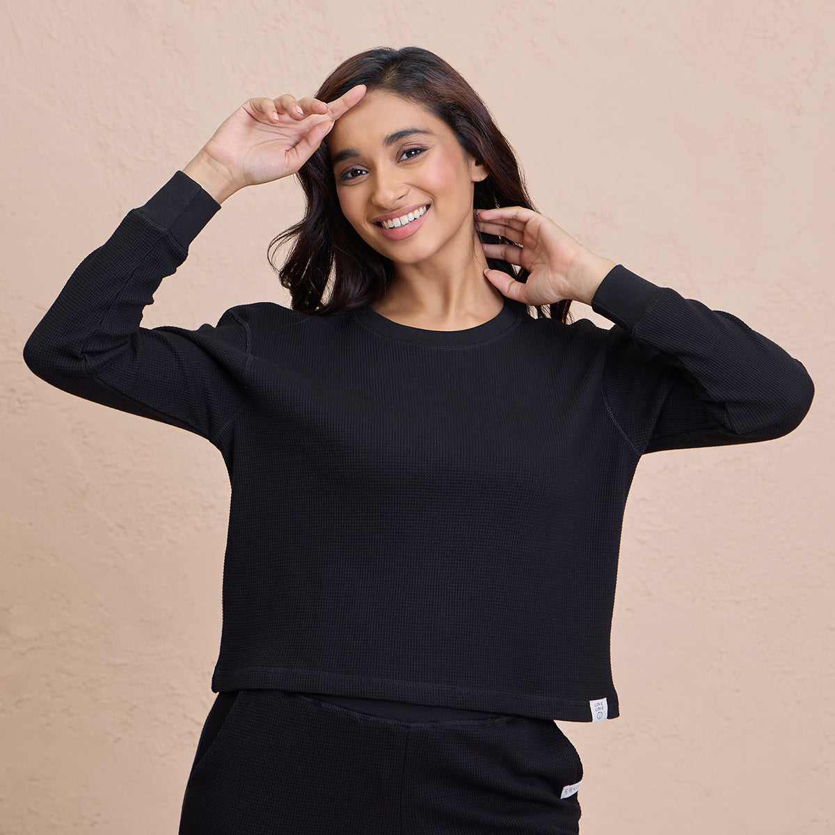 Waffle Lounge Crop Top in Full Sleeves-NYS915-Black