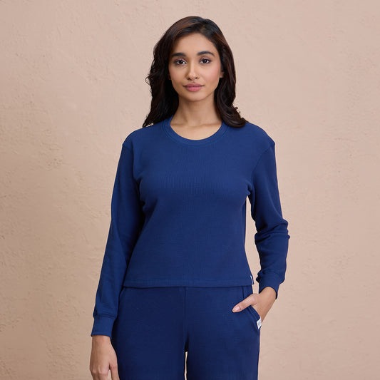 Waffle Lounge Crop Top in Full Sleeves-NYS915-Blue