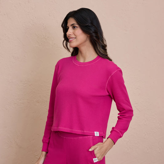 Waffle Lounge Crop Top in Full Sleeves-NYS915-Pink