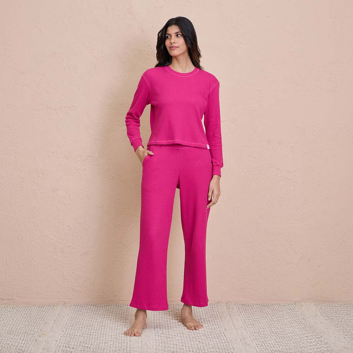 Waffle Lounge Crop Top in Full Sleeves-NYS915-Pink