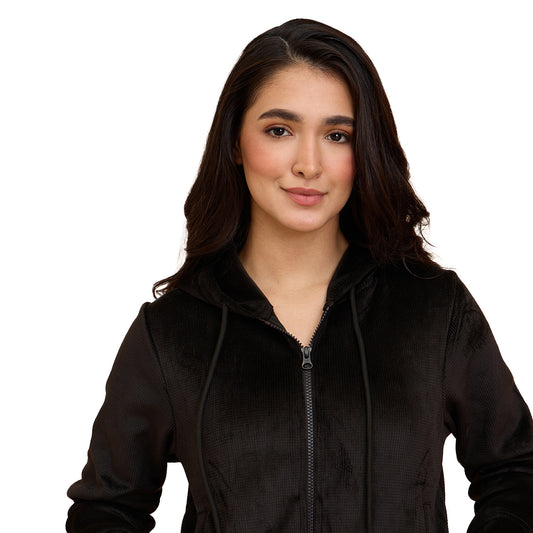 Velour Hooded Jacket in Super Soft Luxe Texture - NYS918 -Black