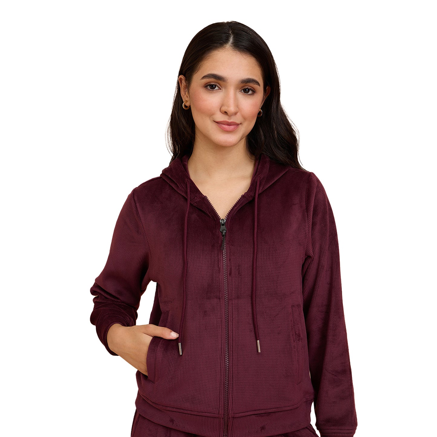 Velour Hooded Jacket in Super Soft Luxe Texture - NYS918 - Wine