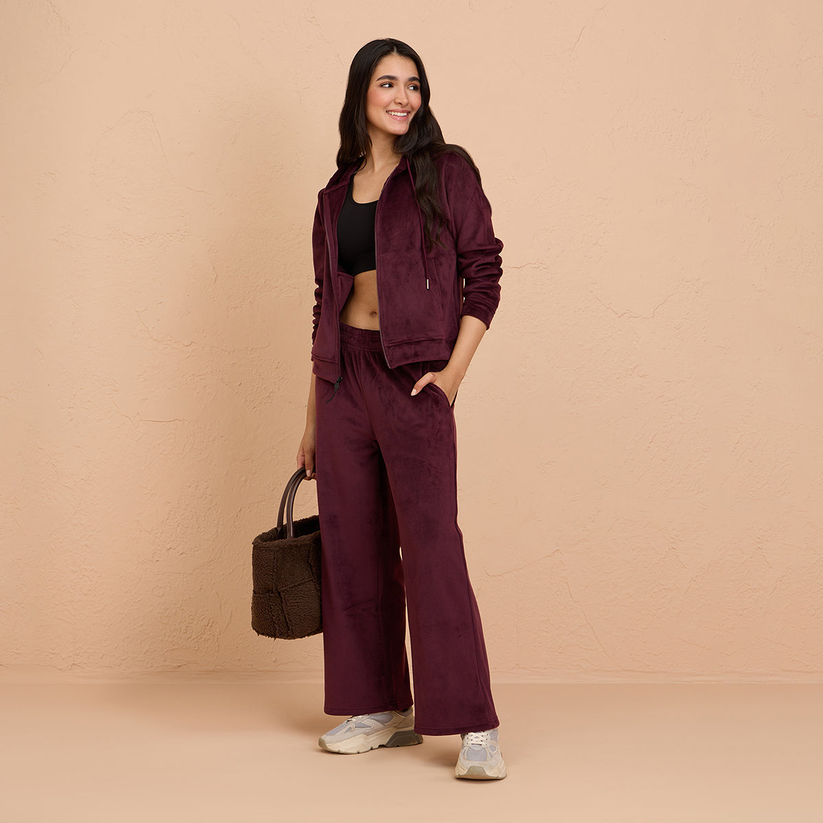 Velour Hooded Jacket in Super Soft Luxe Texture - NYS918 - Wine