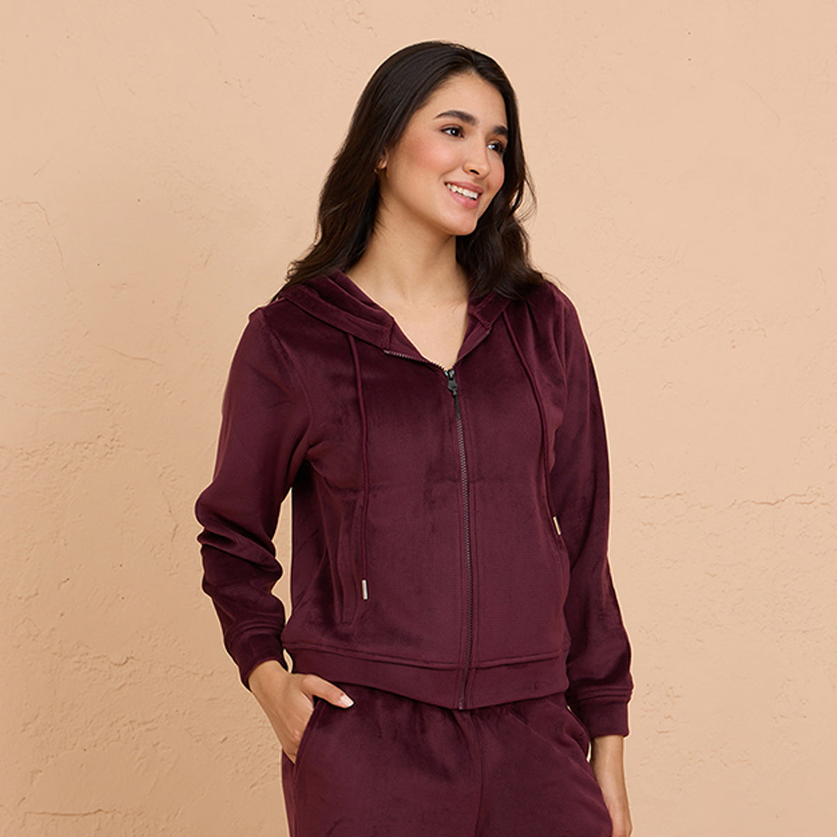 Velour Hooded Jacket in Super Soft Luxe Texture - NYS918 - Wine