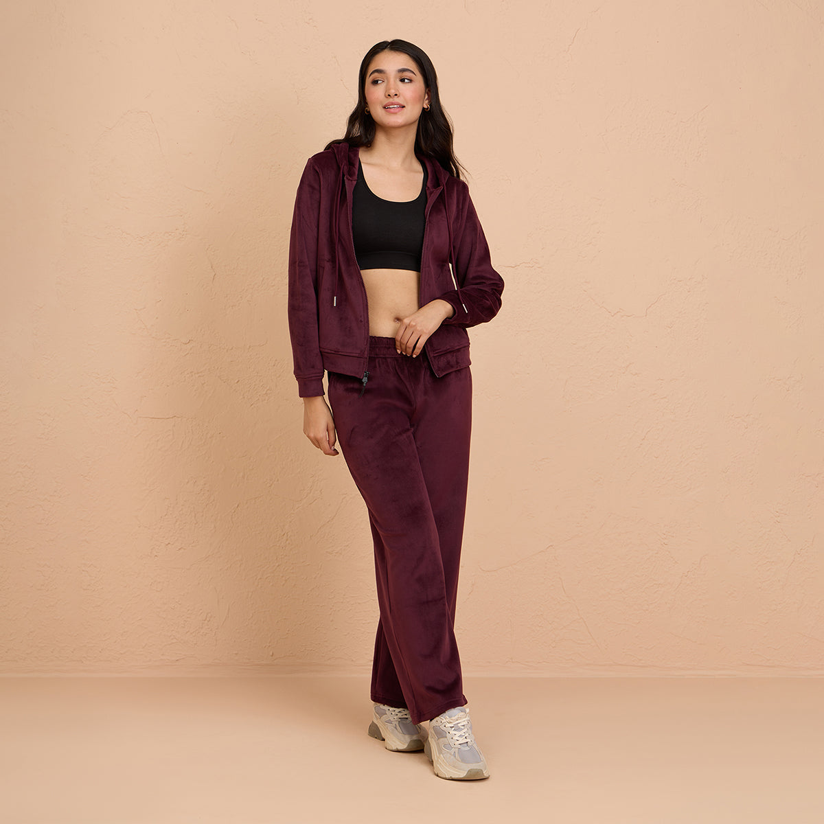 Velour Hooded Jacket in Super Soft Luxe Texture - NYS918 - Wine