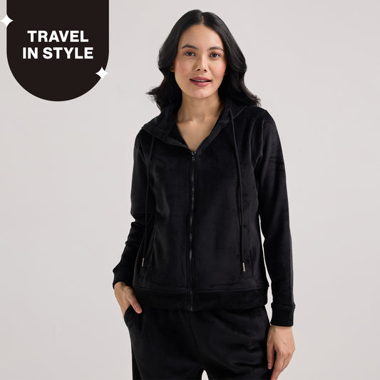 Velour Hooded Jacket in Super Soft Luxe Texture-NYS918-Black