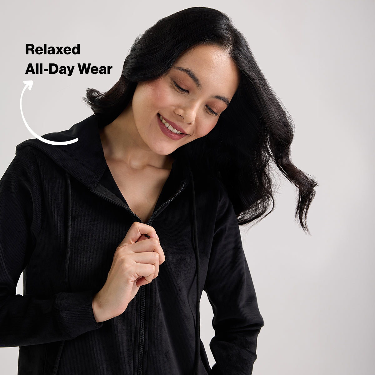 Velour Hooded Jacket in Super Soft Luxe Texture-NYS918-Black