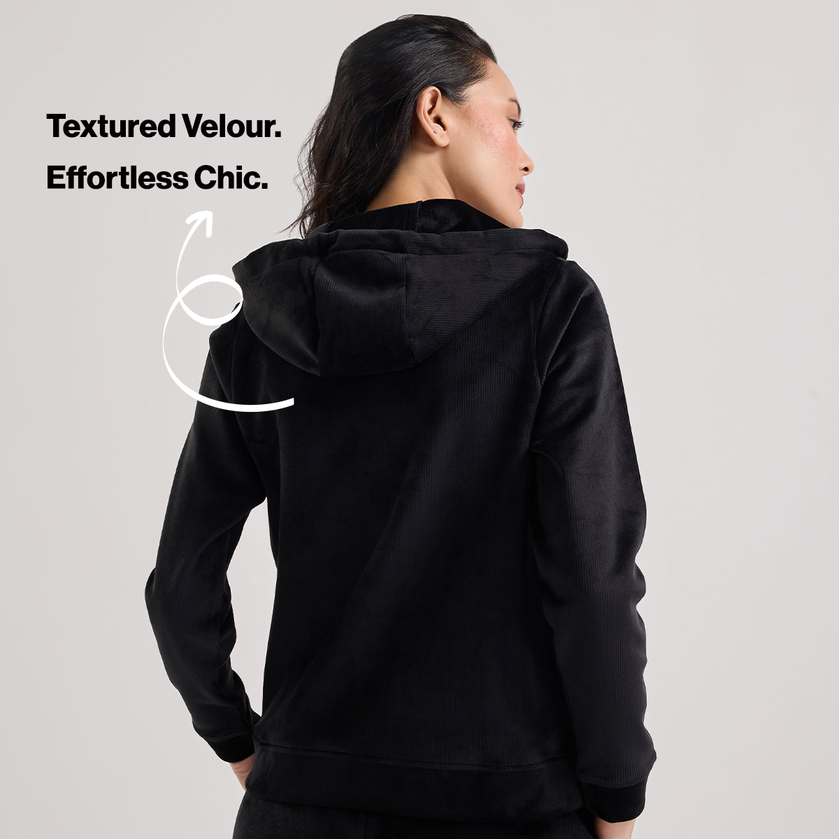 Velour Hooded Jacket in Super Soft Luxe Texture-NYS918-Black
