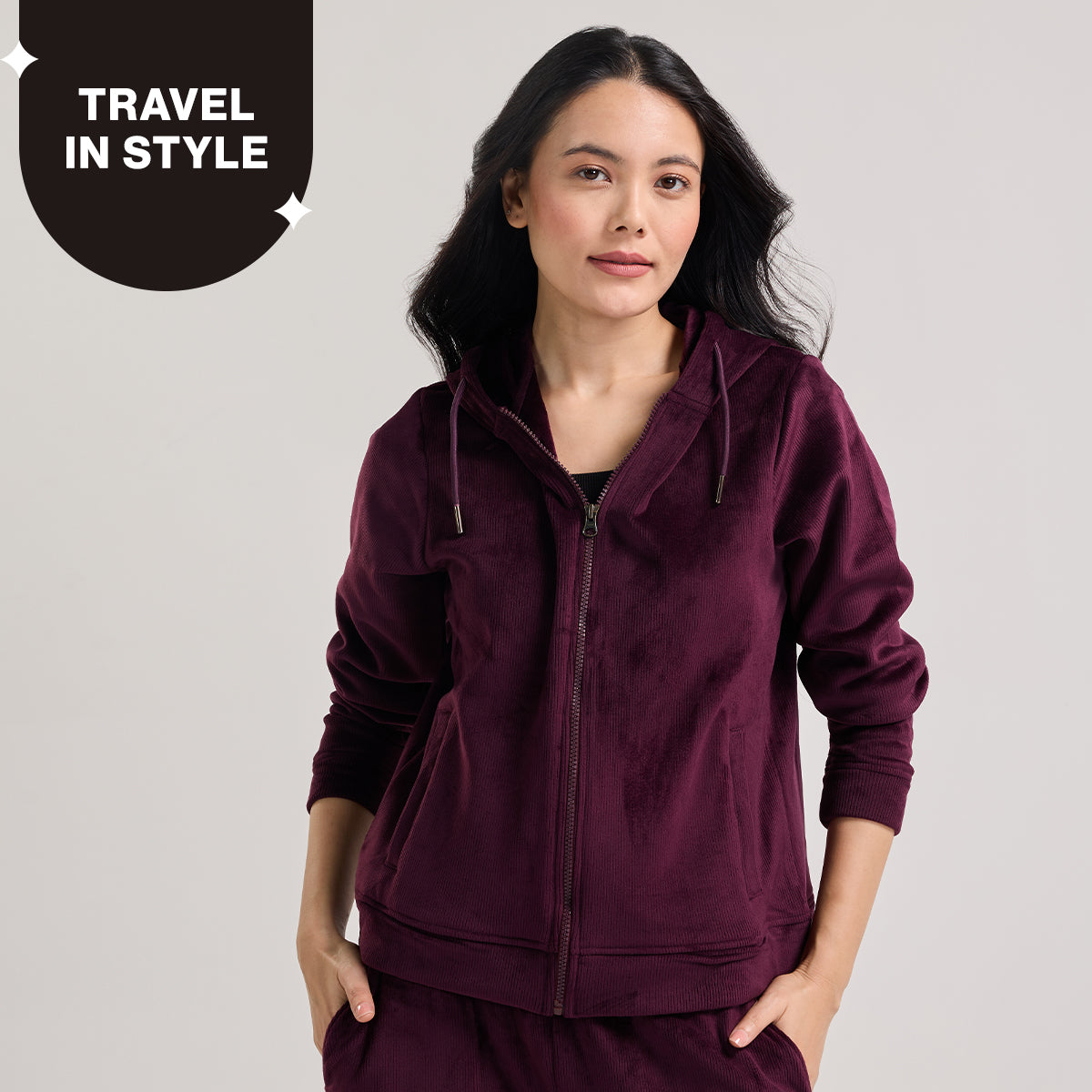 Velour Hooded Jacket in Super Soft Luxe Texture-NYS918-Wine