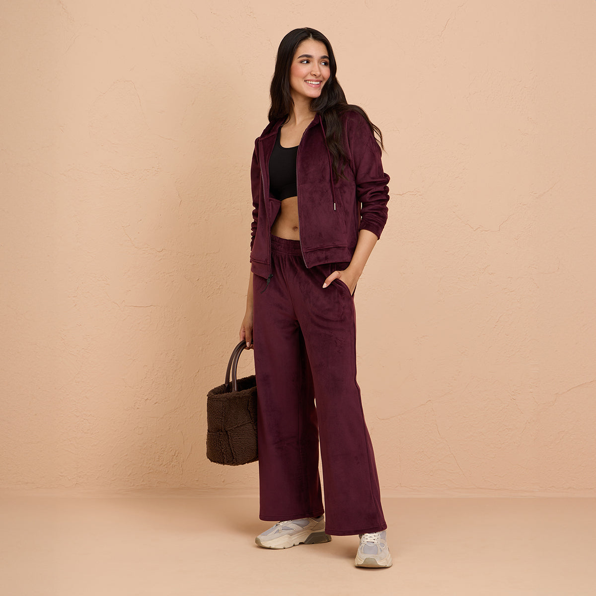 Velour Flared Pants in Super Soft Luxe Texture -NYS919-Wine