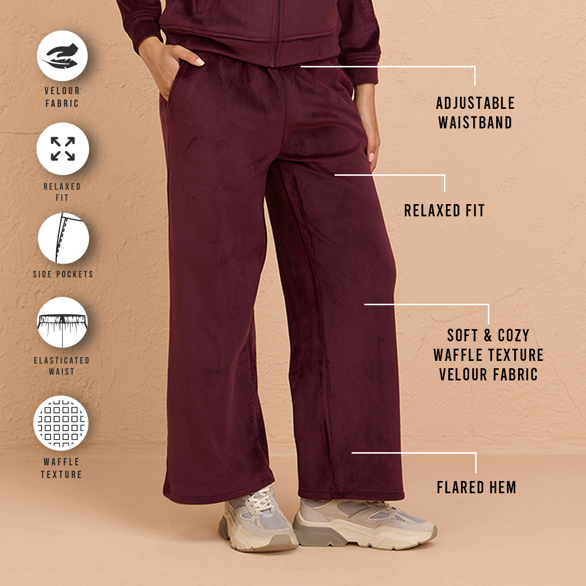 Velour Flared Pants in Super Soft Luxe Texture -NYS919-Wine