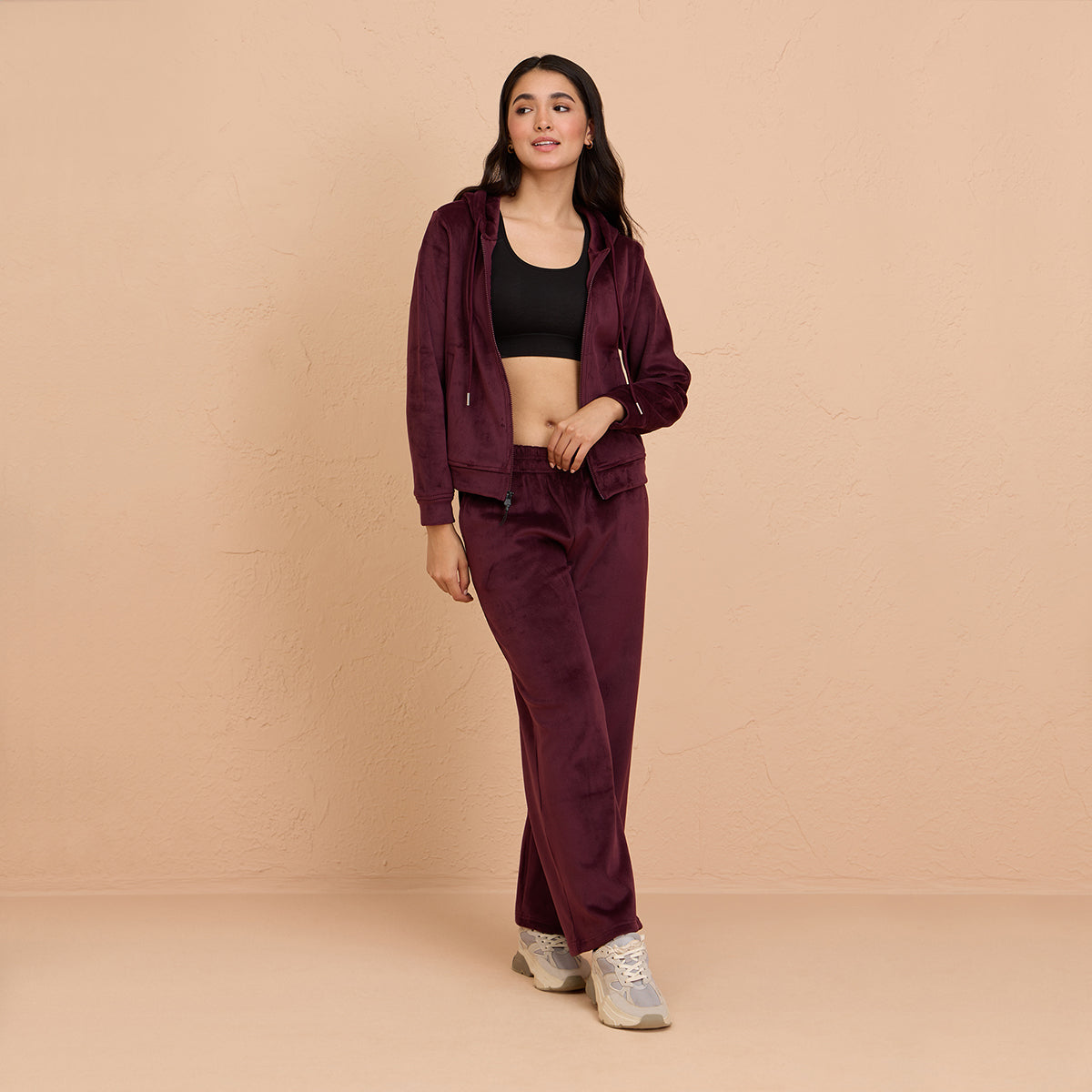 Velour Flared Pants in Super Soft Luxe Texture -NYS919-Wine