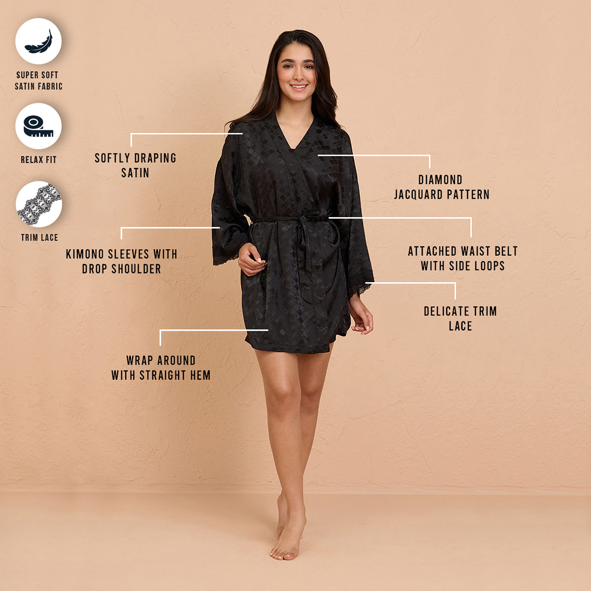 Luxe Satin Robe with Stylish Lace and Belt Detail-NYS920-Black-Free Size