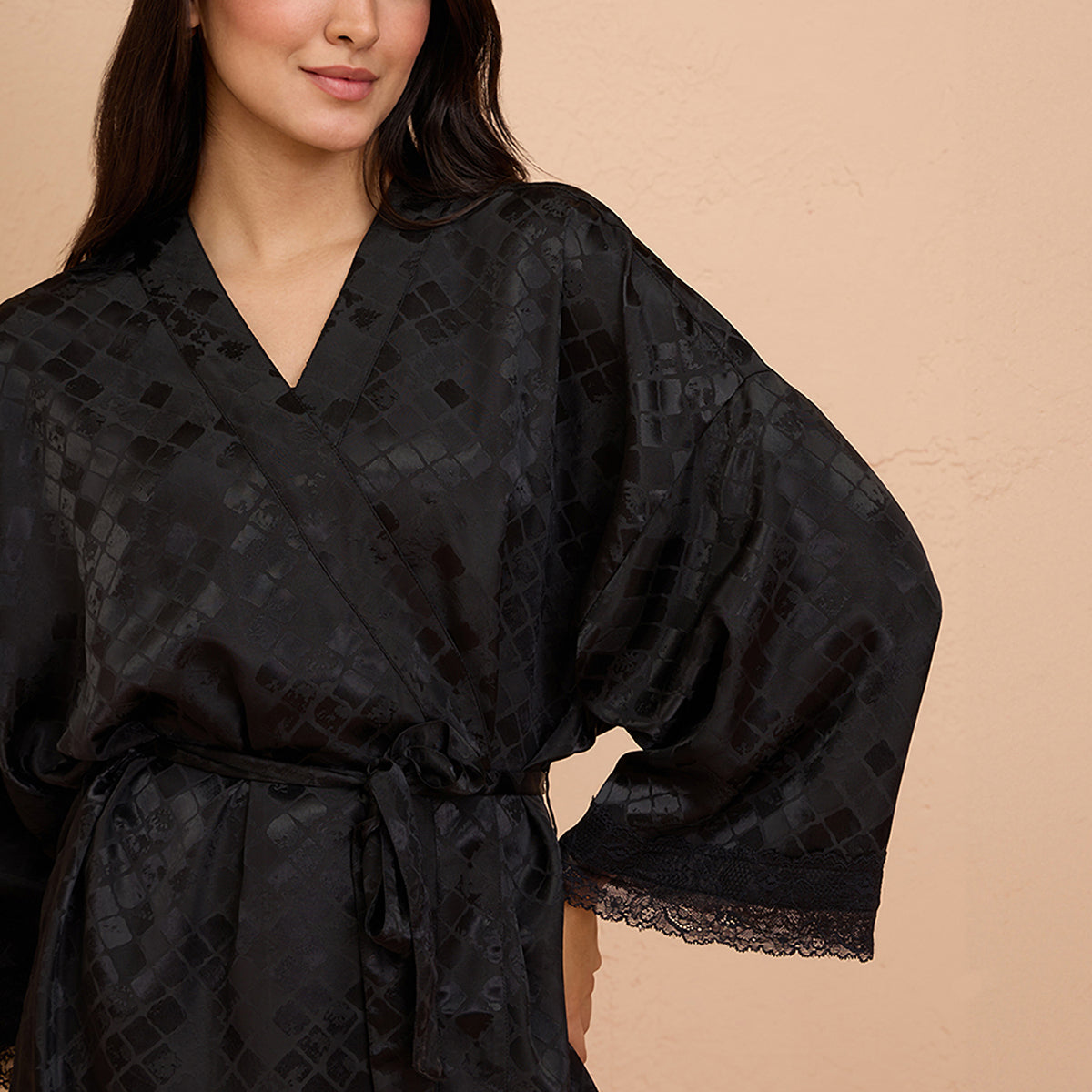 Luxe Satin Robe with Stylish Lace and Belt Detail-NYS920-Black-Free Size