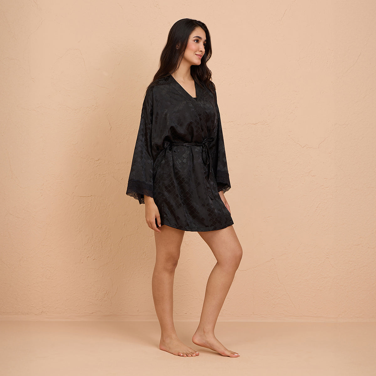 Luxe Satin Robe with Stylish Lace and Belt Detail-NYS920-Black-Free Size