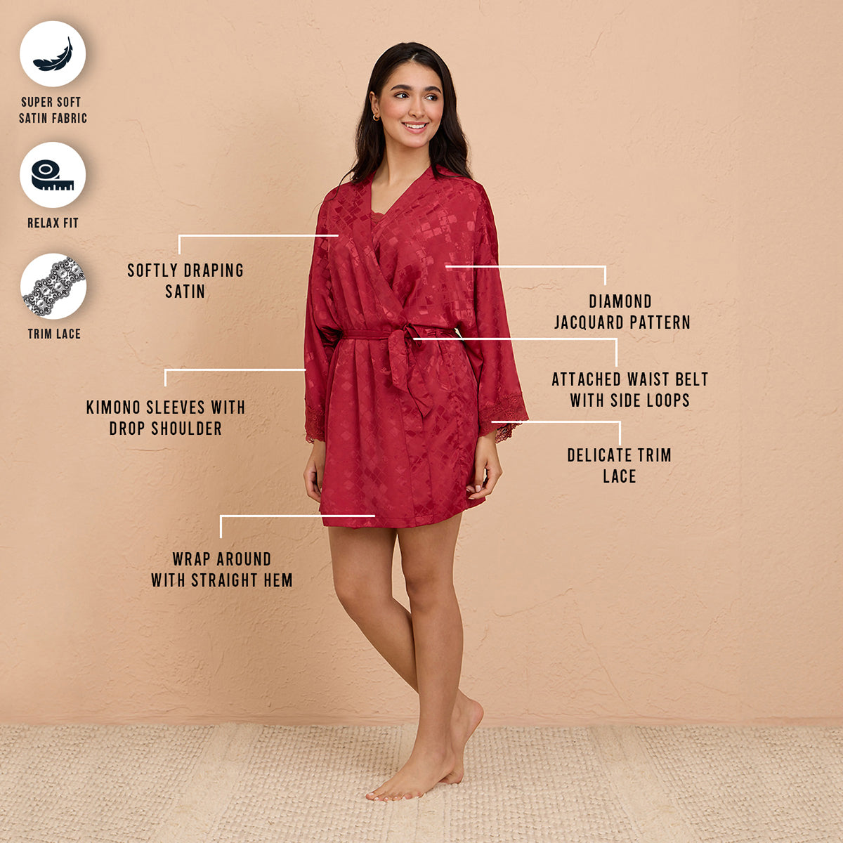 Luxe Satin Robe with Stylish Lace & Belt Detail- NYS920 -Red-Free Size