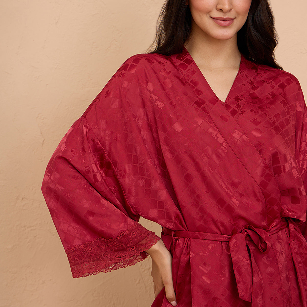 Luxe Satin Robe with Stylish Lace & Belt Detail- NYS920 -Red-Free Size