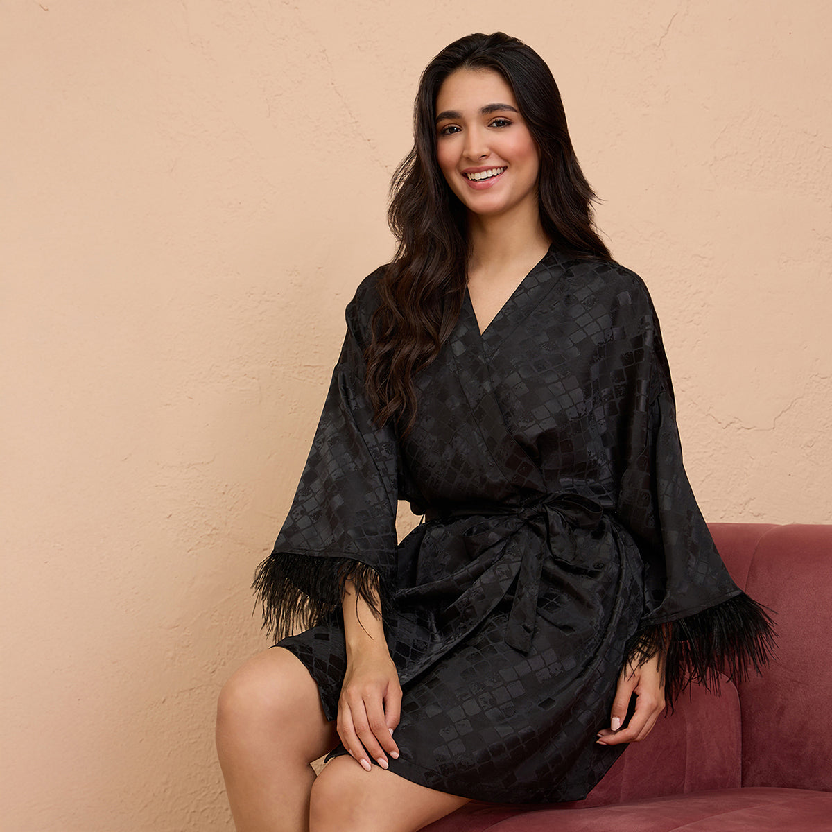 Faux Feather Robe in Luxe Satin With Lace & Belt Detail-NYS920U-Black-FREE SIZE