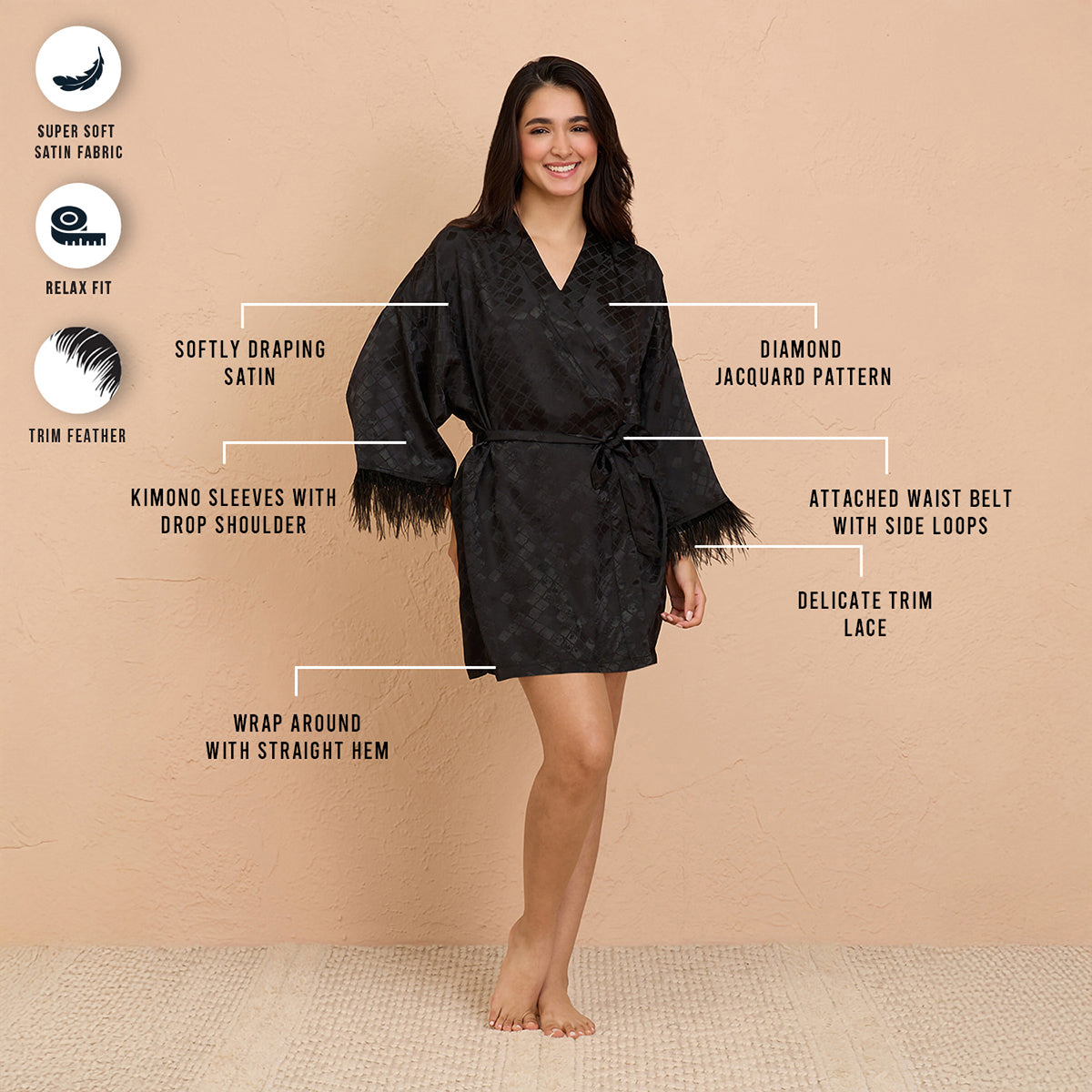 Faux Feather Robe in Luxe Satin With Lace & Belt Detail-NYS920U-Black-FREE SIZE