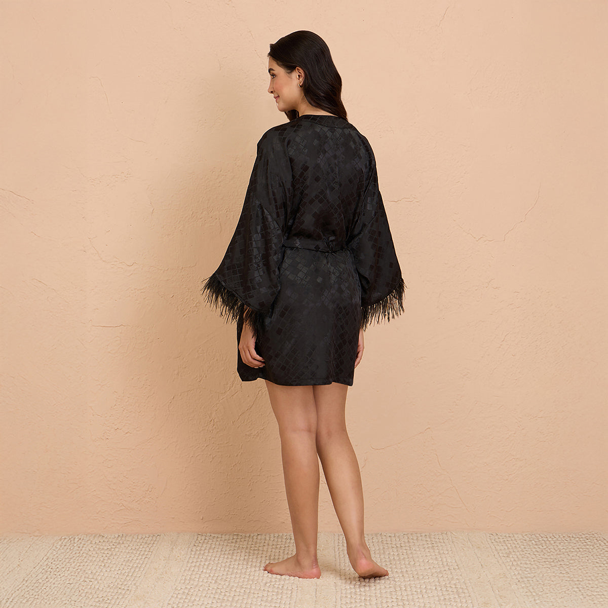 Faux Feather Robe in Luxe Satin With Lace & Belt Detail-NYS920U-Black-FREE SIZE