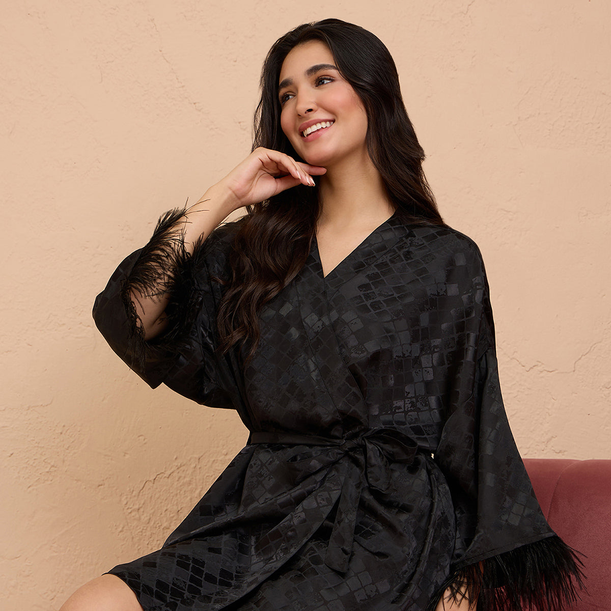 Faux Feather Robe in Luxe Satin With Lace & Belt Detail-NYS920U-Black-FREE SIZE