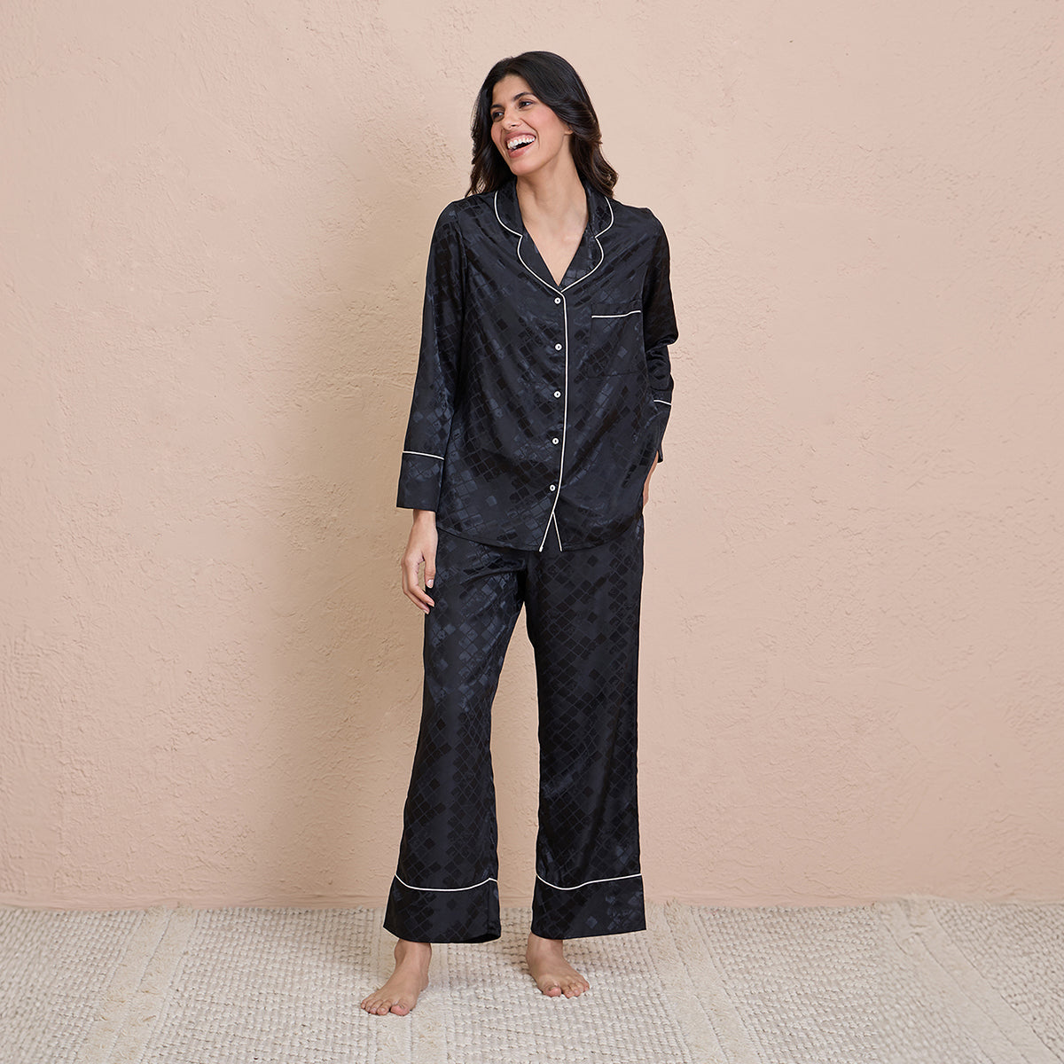 Satin Pajama Set of 2 with Stylish Button Down Sleep Shirt-NYS922-Black