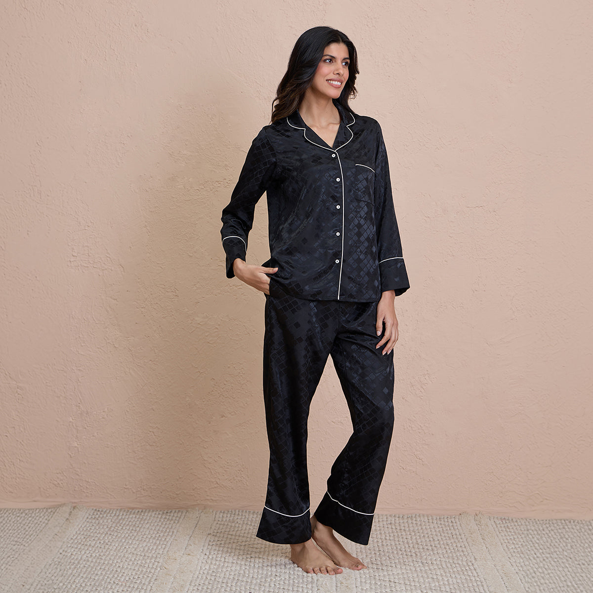 Satin Pajama Set of 2 with Stylish Button Down Sleep Shirt-NYS922-Black