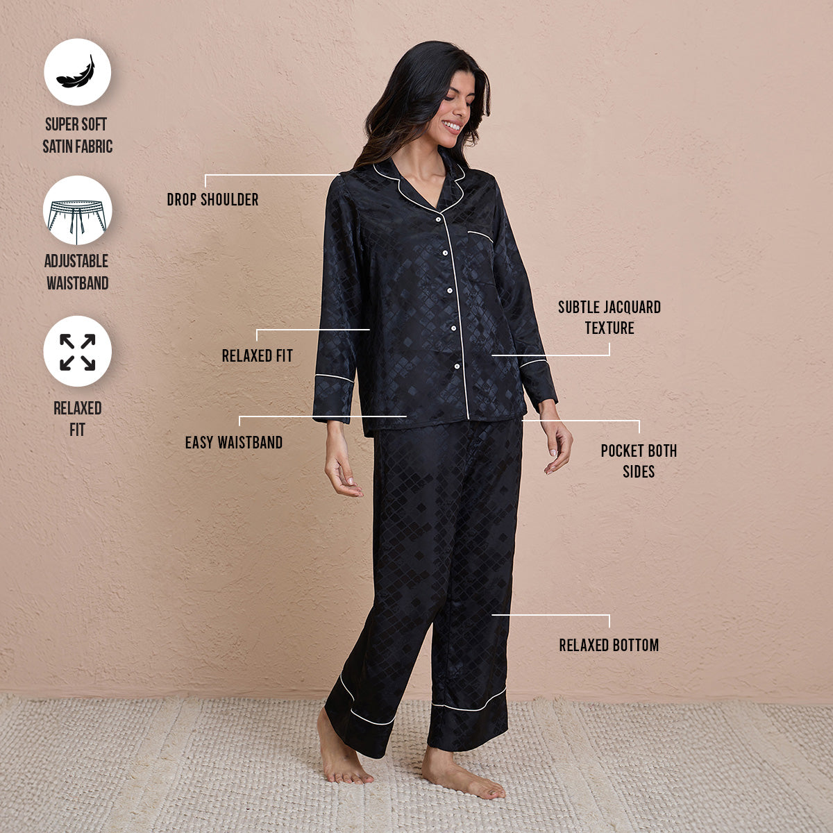 Satin Pajama Set of 2 with Stylish Button Down Sleep Shirt-NYS922-Black