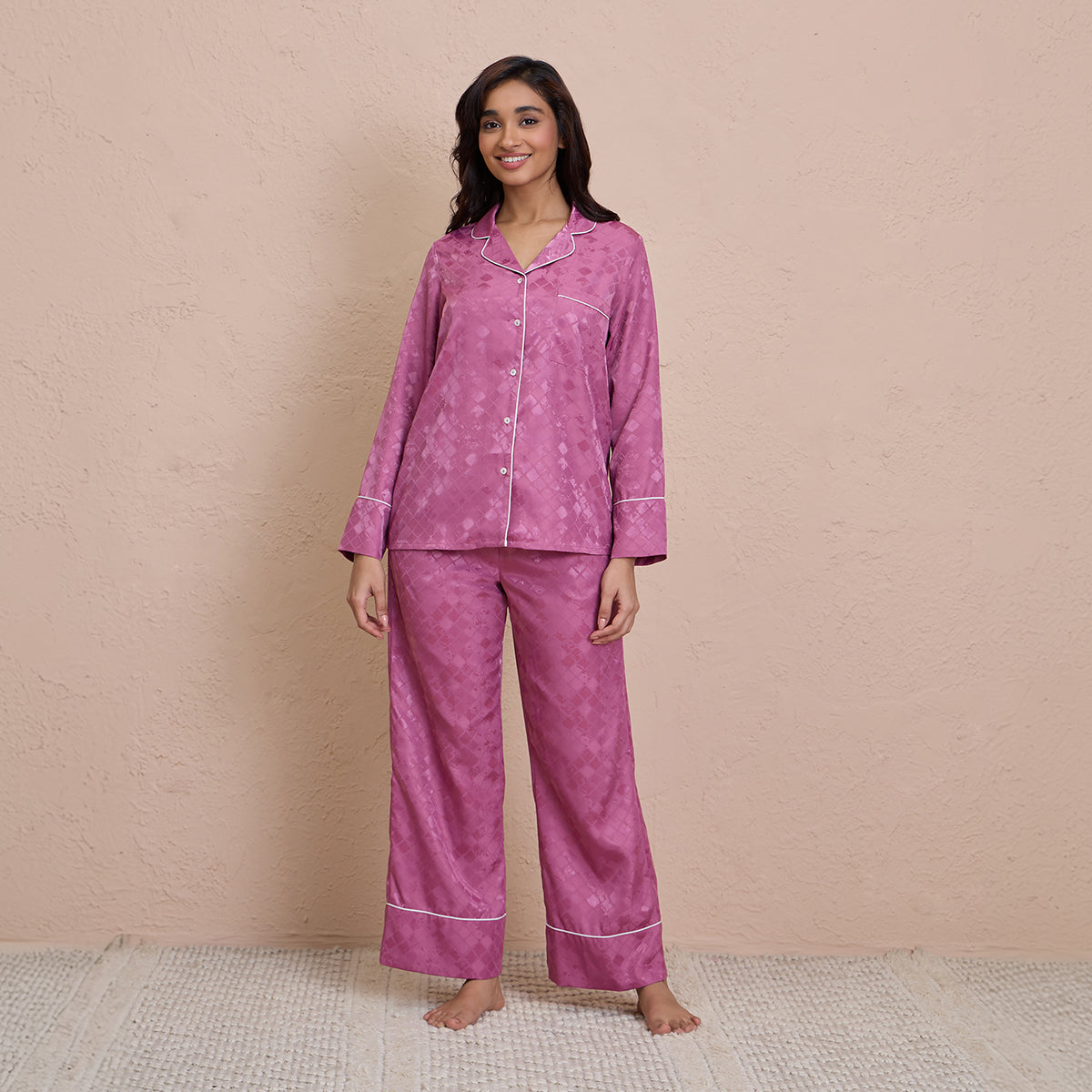 Satin Pajama Set of 2 with Stylish Button Down Sleep Shirt-NYS922-Grape