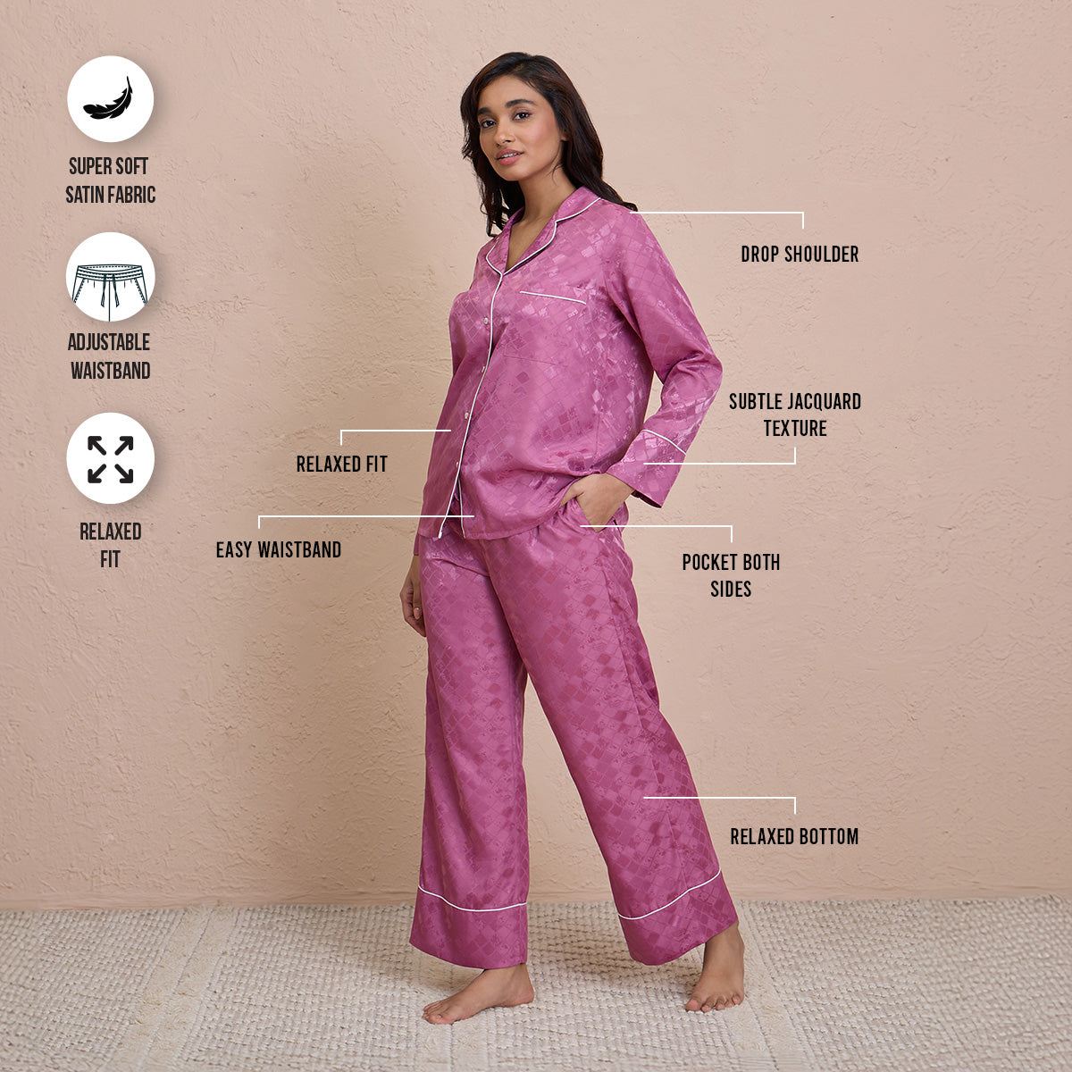 Satin Pajama Set of 2 with Stylish Button Down Sleep Shirt-NYS922-Grape