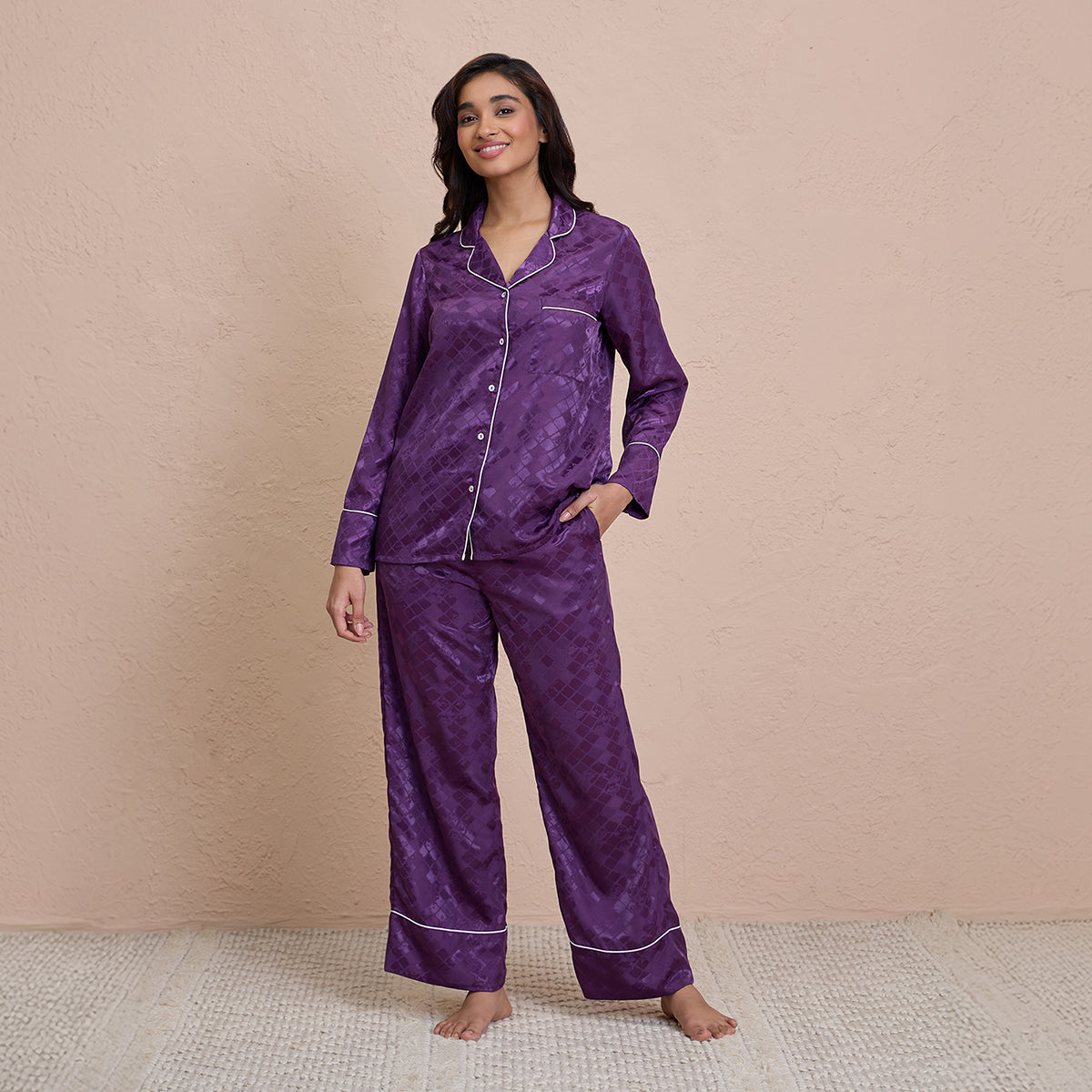 Satin Pajama Set of 2 with Stylish Button Down Sleep Shirt-NYS922-Purple