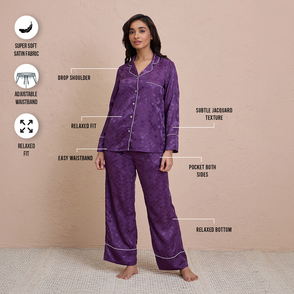 Satin Pajama Set of 2 with Stylish Button Down Sleep Shirt-NYS922-Purple