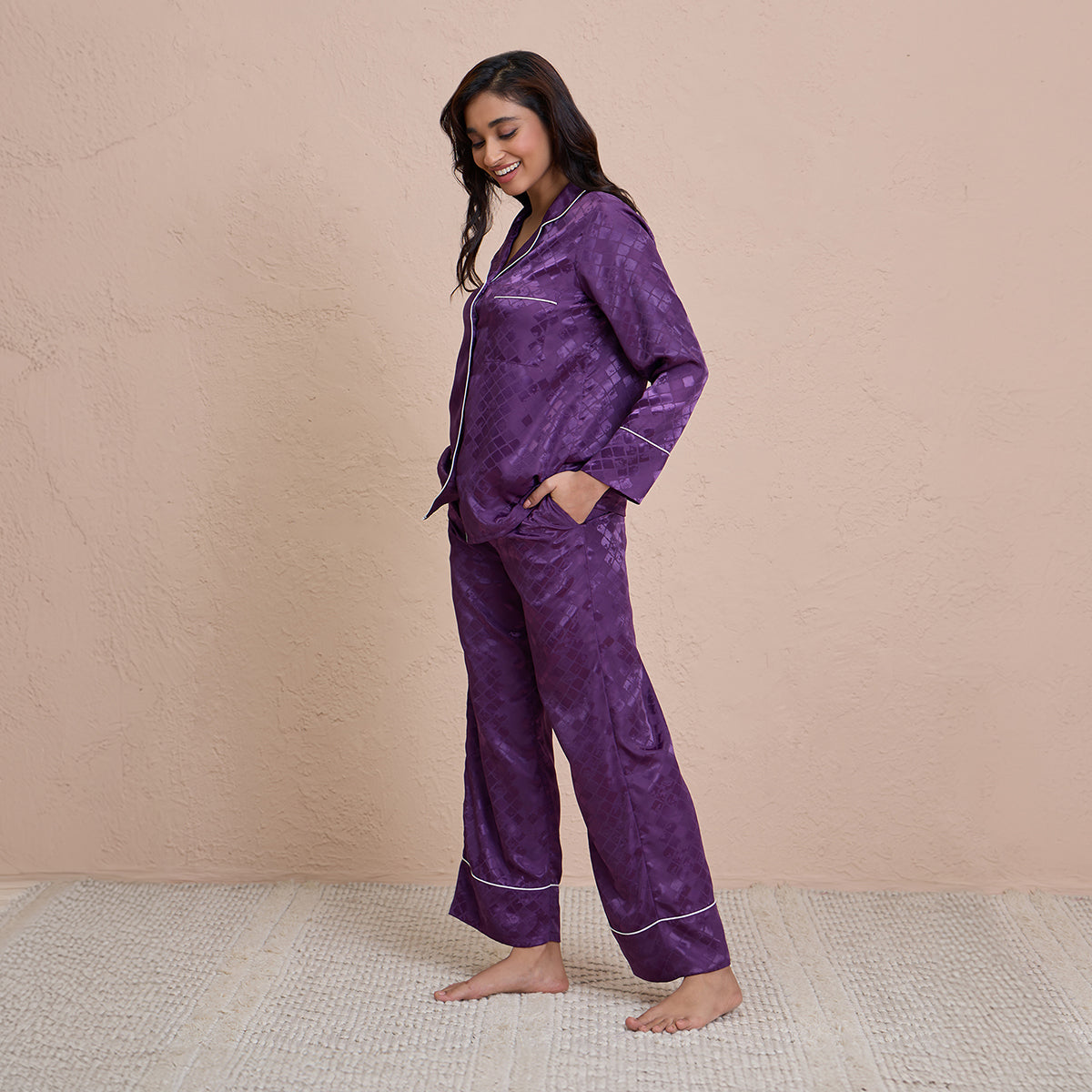 Satin Pajama Set of 2 with Stylish Button Down Sleep Shirt-NYS922-Purple