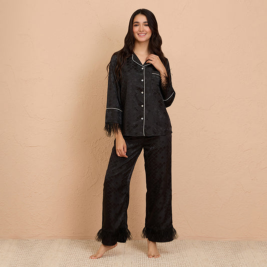 Satin Pajama Set of 2 with Stylish Fur Detail-NYS922U-Black