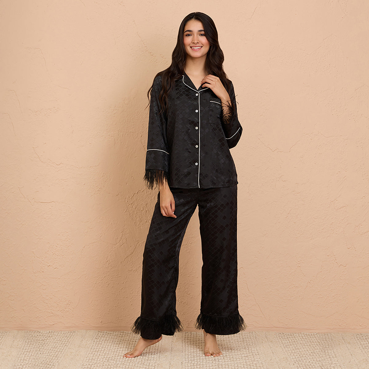 Satin Pajama Set of 2 with Stylish Fur Detail - NYS922U-Black