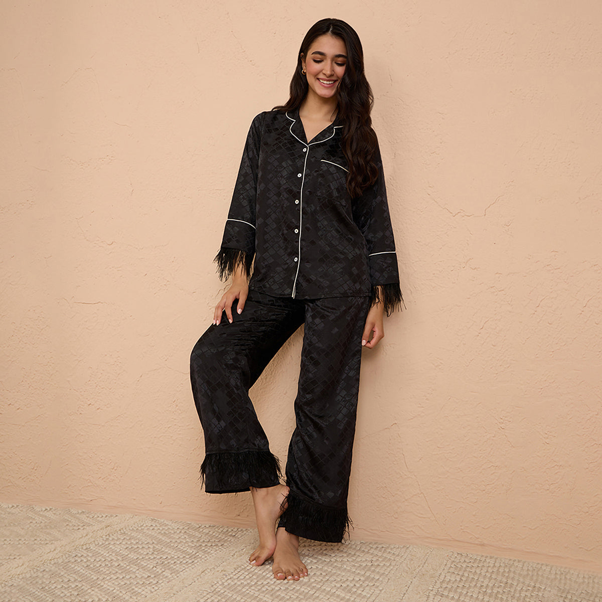 Satin Pajama Set of 2 with Stylish Fur Detail - NYS922U-Black