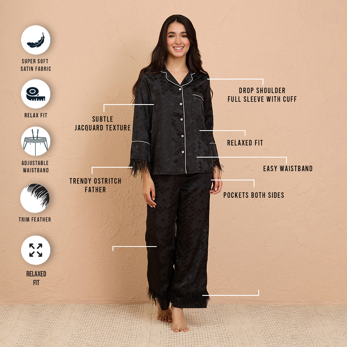 Satin Pajama Set of 2 with Stylish Fur Detail - NYS922U-Black