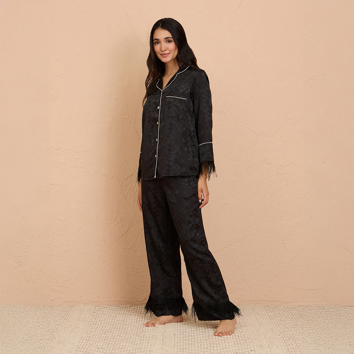 Satin Pajama Set of 2 with Stylish Fur Detail - NYS922U-Black