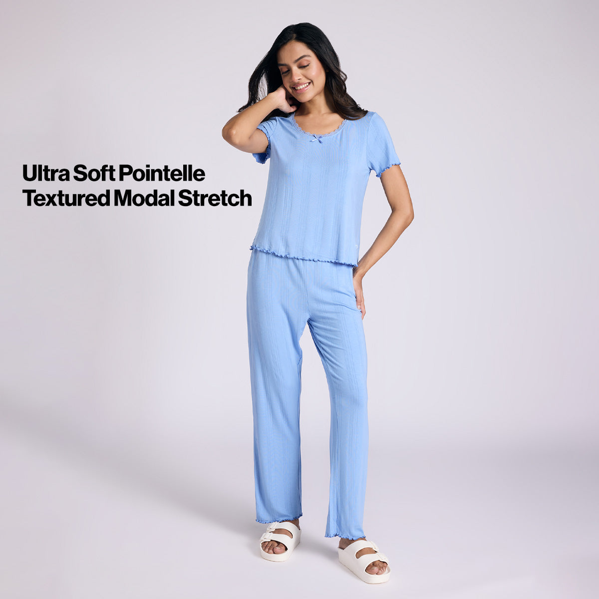 Nykd By Nykaa Sumptuously Soft Modal Pointelle Textured Pyjamas Nys925 Blue