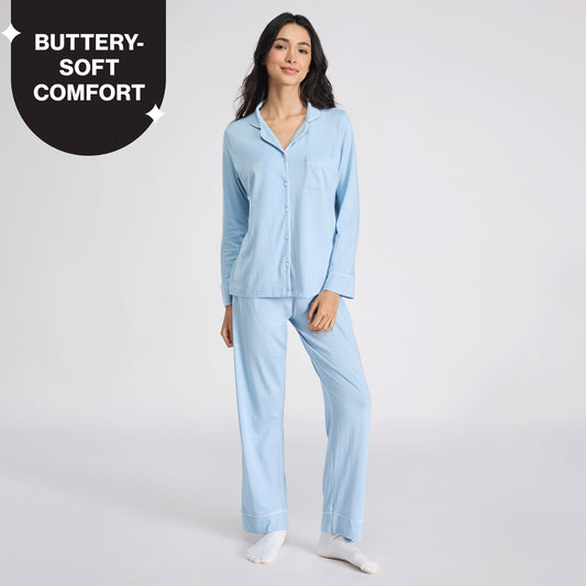 Nykd By Nykaa Buttery Soft Cotton Modal Button-Down Pyjama Set Of 2 NYS926 Blue